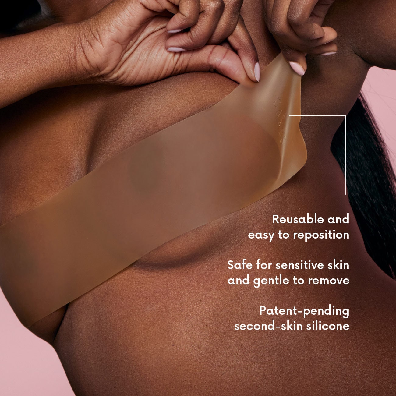 Reusable adhesive bandage being applied to a person's skin with text highlighting its features.